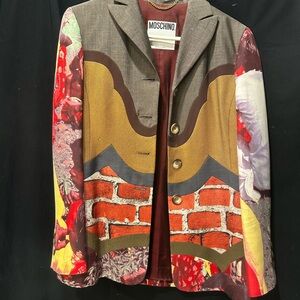 Moschino Multicolor Graphic Print Blazer with Brick and Floral Motifs